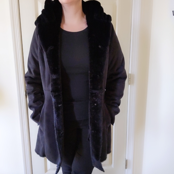 Dennis Basso black plush faux fur coat with hood size Small - Picture 4 of 15
